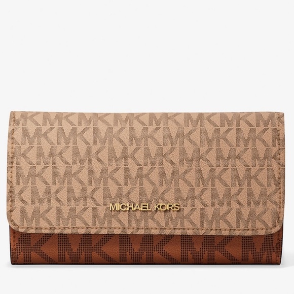 Michael Kors Jet Set Large Signature Logo TriFold Wallet Camel Multi - Picture 1 of 7